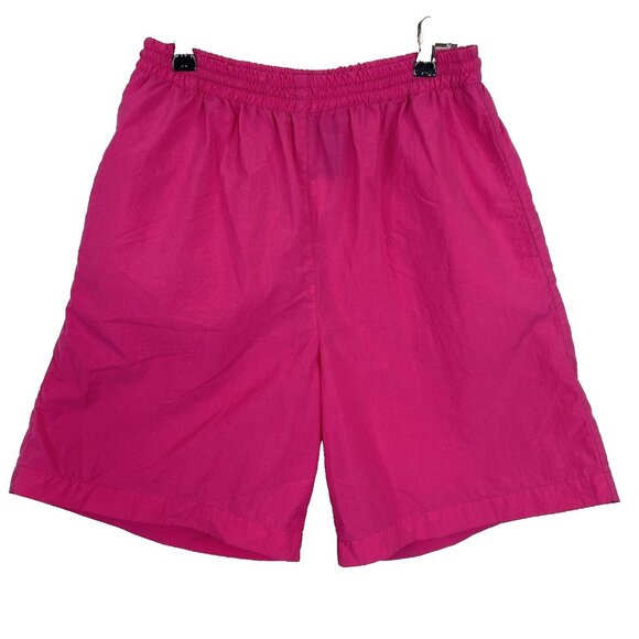 Vintage 80s Shorts Mens Medium Neon Pink Nylon Pull On Elastic Waist Pockets - Picture 1 of 3